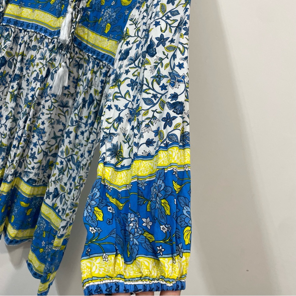 R. Vivimos Blue White Floral Boho Long Sleeve Summer beachy Midi Dress Size L - Picture 7 of 8
